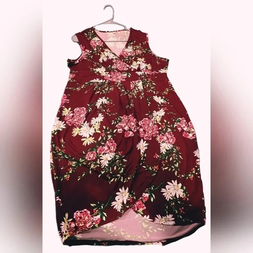 Amazon, XXL, Burgundy Sleeveless Floral Wrap Dress